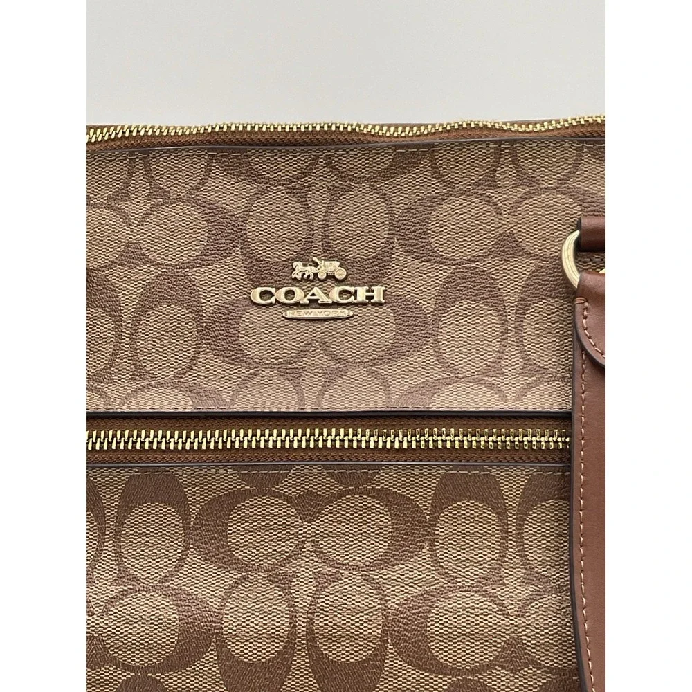 Coach Signature Zip Top Tote Bag Brown Khaki Canvas Leather Shoulder Purse